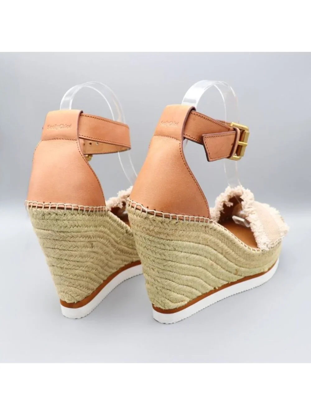 See By Chloé Glyn Frayed Canvas & Leather Espadrille Wedges 39 / US 9